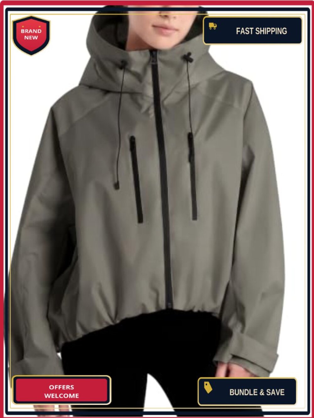 Oversized Water-Resistant Rain Jacket Mock Neck Windbreaker Women